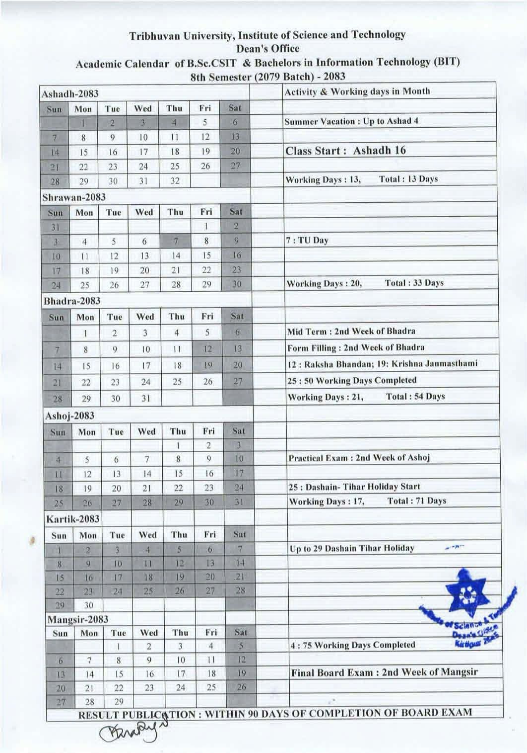 B.Sc.CSIT 8th Semester(2079) Academic Calendar Released