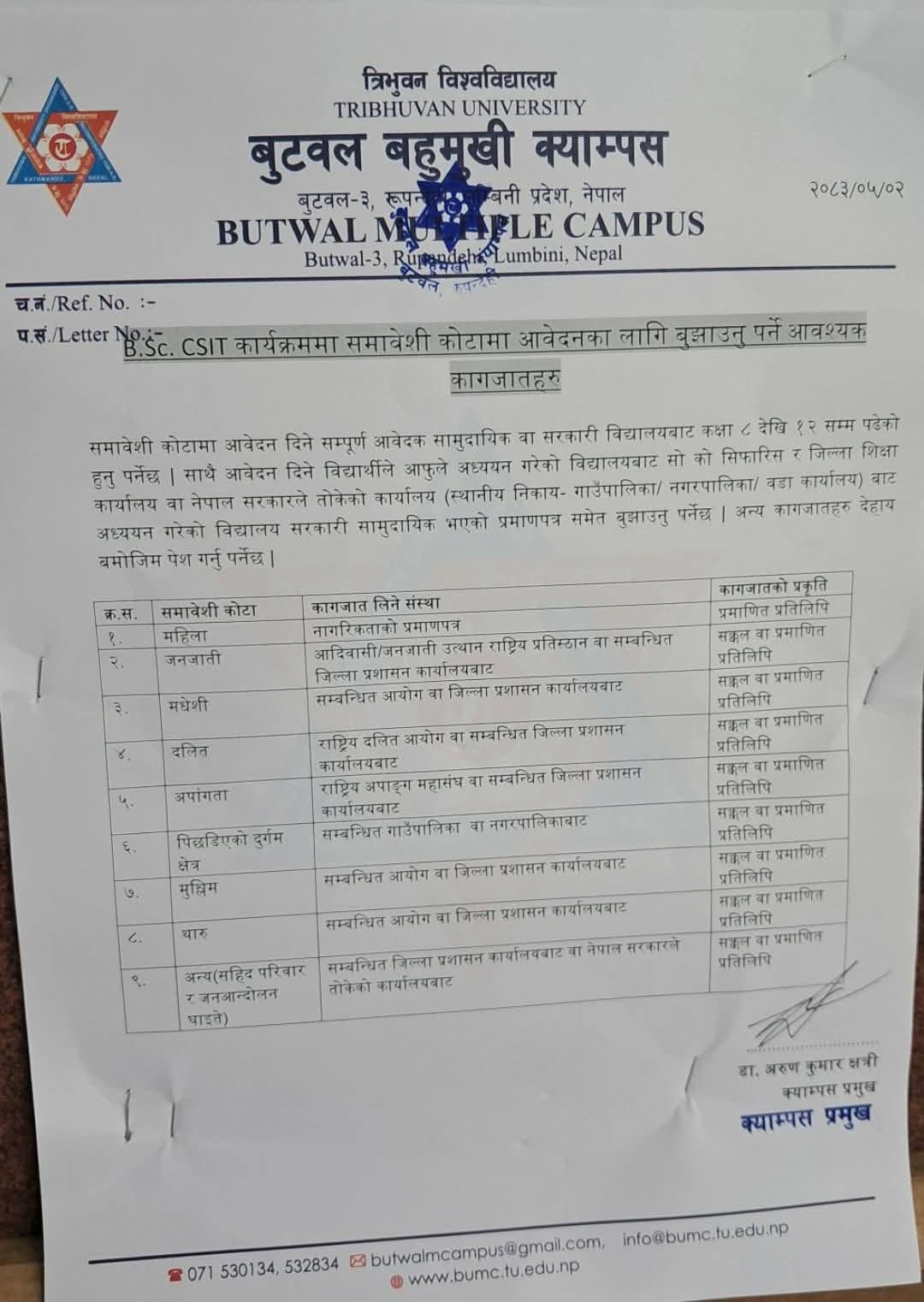 B.Sc. CSIT 2083 document requirement for Samabesi Quota For Butwal Multiple Campus