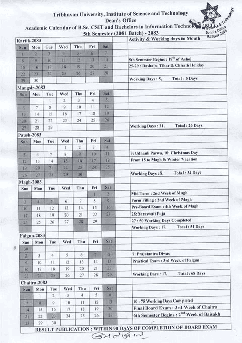 Academic Calendar of B.Sc. CSIT 5th Semester – 2081 Batch
